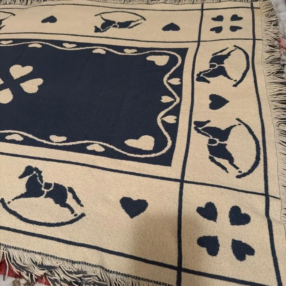 Vtg Goodwin Weavers Reversible Throw Blanket Tapestry Heart Horse 32x42 USA. GUC